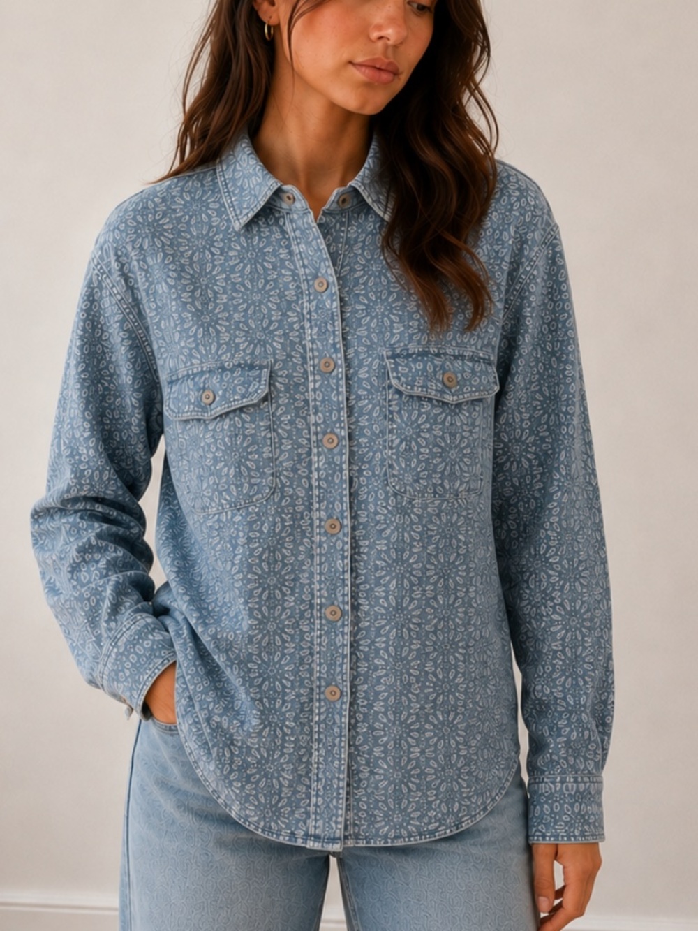 Express Indigo Printed Denim Shirt M Blue Button Up Casual Top